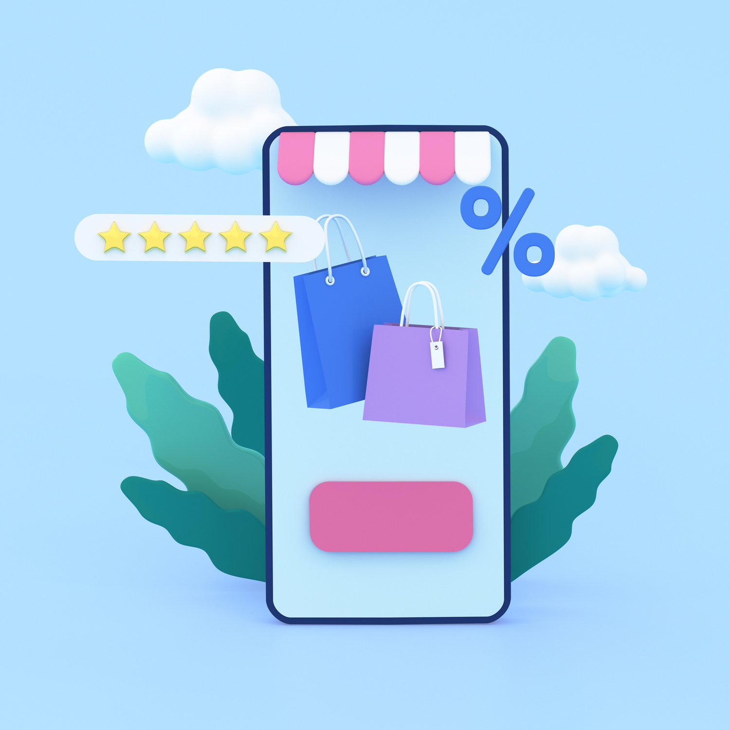 3d online shopping mobile app with shopping bags, interest rate icon. Sales,  e-commerce, discount and digital marketing concept. 3d render illustartion.